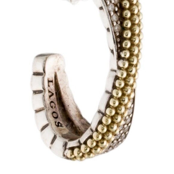 LAGOS TWO-TONE 14K YELLOW GOLD & STERLING SILVER CAVIAR X DIAMOND HOOP EARRINGS - Picture 3 of 6